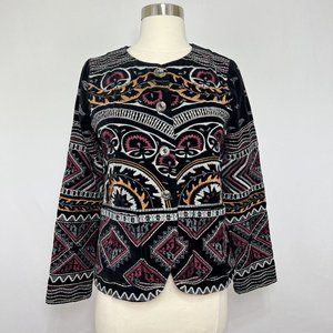 Johnny Was Workshop XS Jacket Velvet Embroidered Black Plum Button Pockets #D